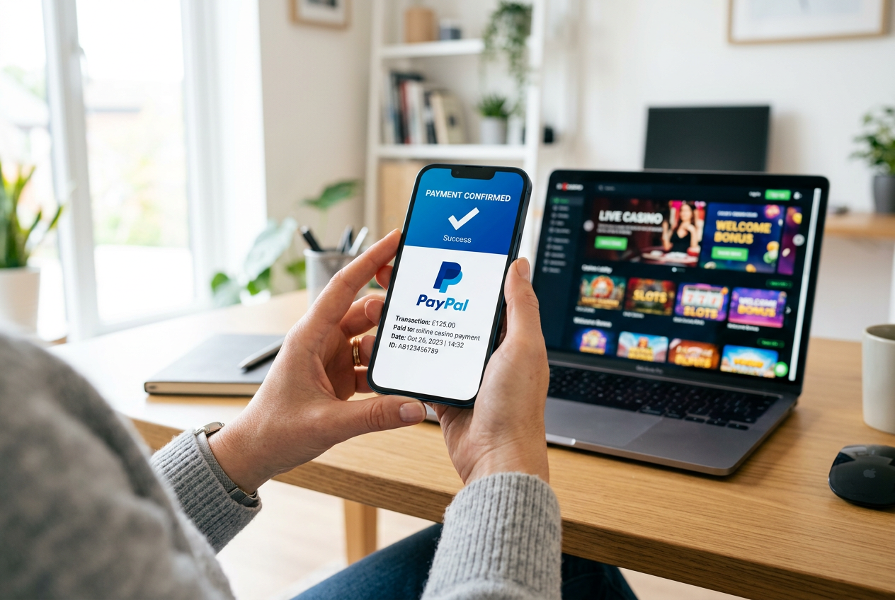 A smartphone screen showing a secure PayPal transaction for a casino site.