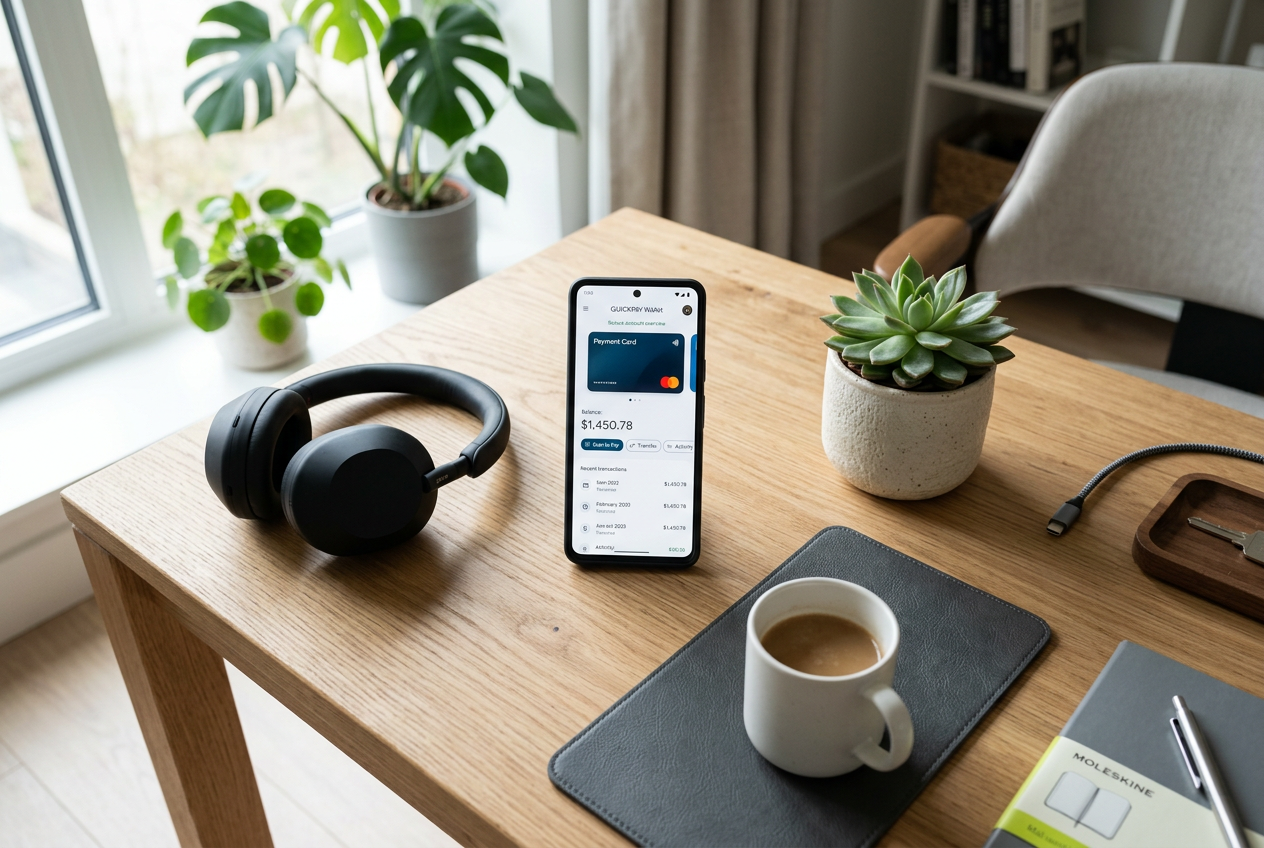 Modern workspace with a smartphone displaying a digital wallet app.