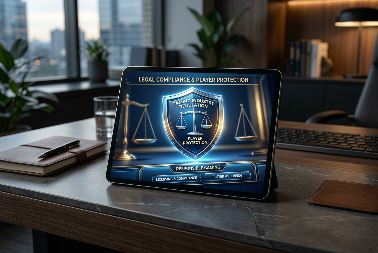 Symbolic representation of digital security and legal regulation for online gaming.