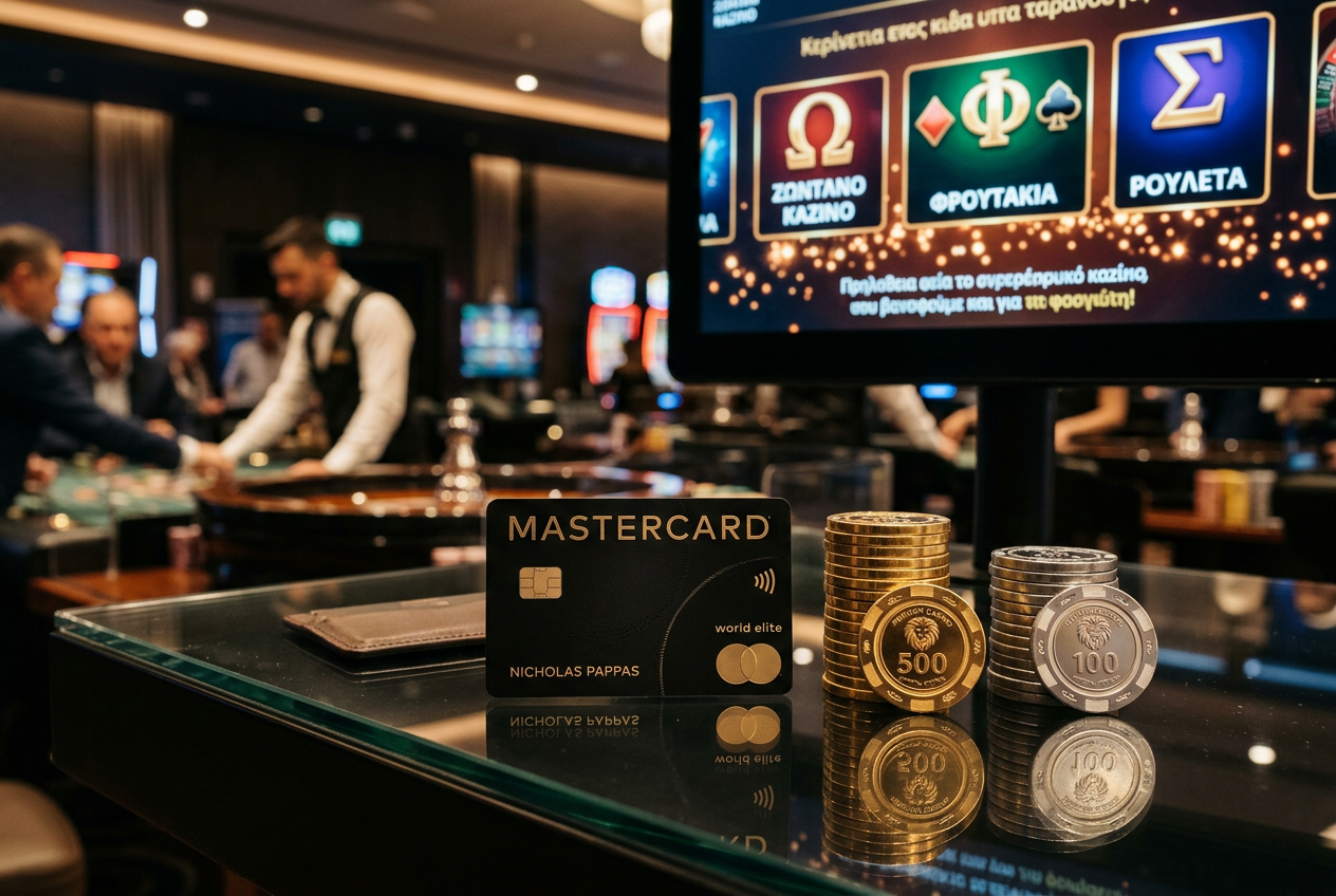 Luxury casino chips and a Mastercard on a digital background